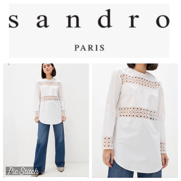 NWT Sandro Chairman Eyelet Lace-Inset Cotton Top - Picture 1 of 10